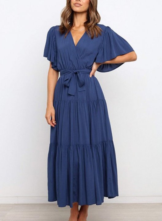 Women's Maxi Dresses Solid Short Sleeve Flare V Neck Belt-up Dress