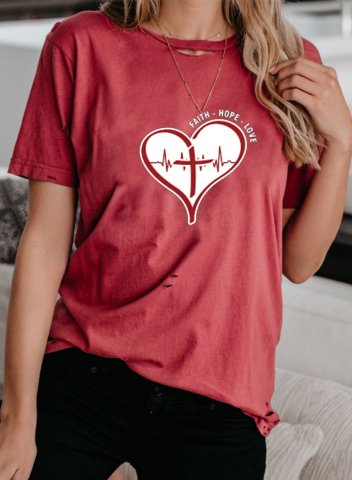 Women's T-shirts Letter Faith Hope Love Heart-shaped Print Short Sleeve Round Neck Daily T-shirt