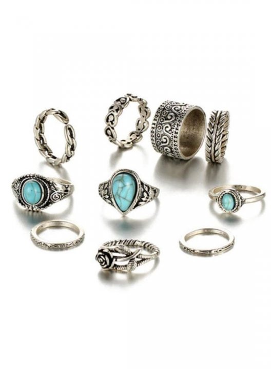 Women's Rings Retro Totem Flower Turquoise 10 Piece Joint Alloy Ring Set