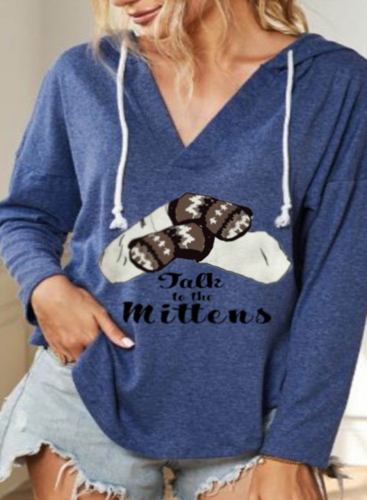 Women's Talk to the Mittens Funny Graphic Sweatshirts Letter Color Block Print Long Sleeve V Neck Casual Drawstring Sweatshirt