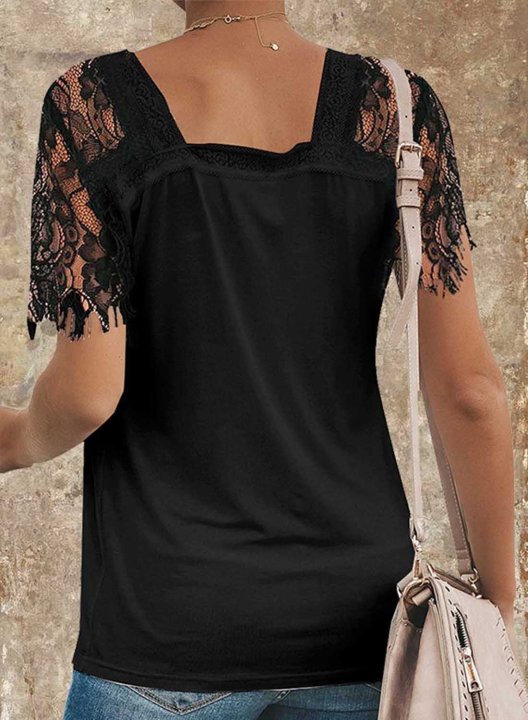 Women's T-shirts Lace Letter Print Short Sleeve V Neck Daily T-shirt