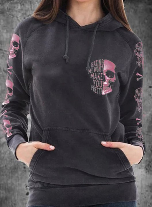 Women's Black Hoodies Skull Portrait Letter Round Neck Daily Vintage Hoodie