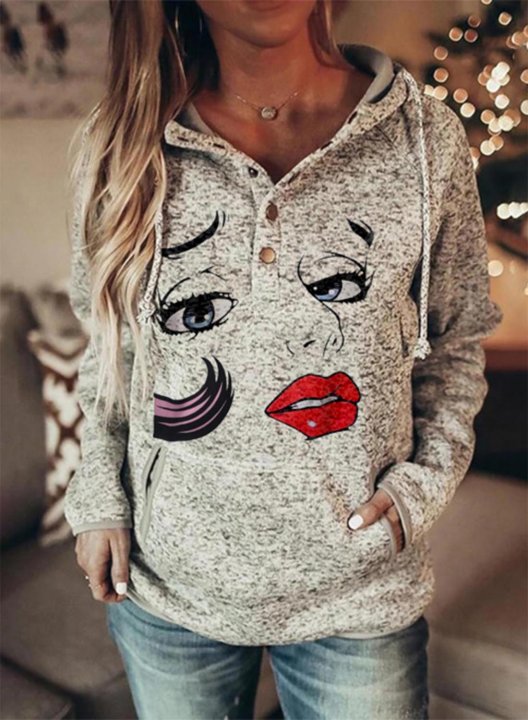 Women's Hoodies Portrait Drawstring Button Long Sleeve Solid Pocket Casual Hoodies