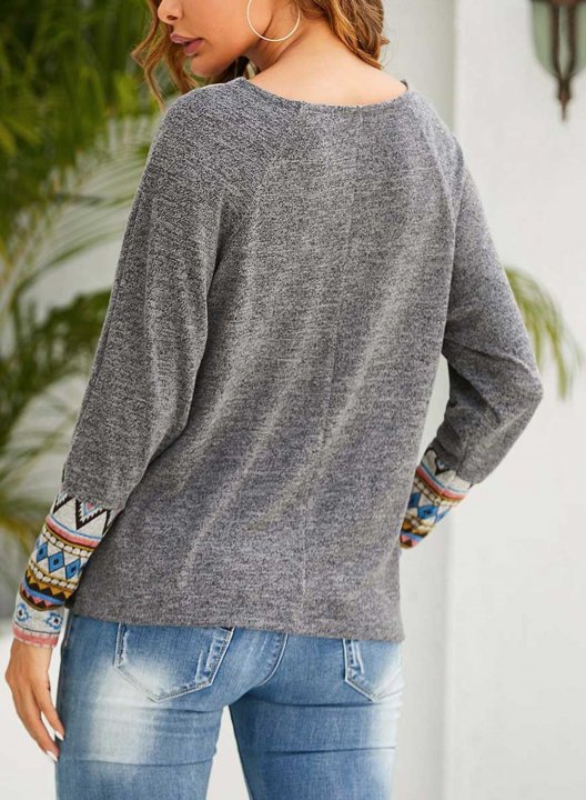 Women's Sweatshirts Aztec Print V Neck Long Sleeve Solid Casual Sweatshirts