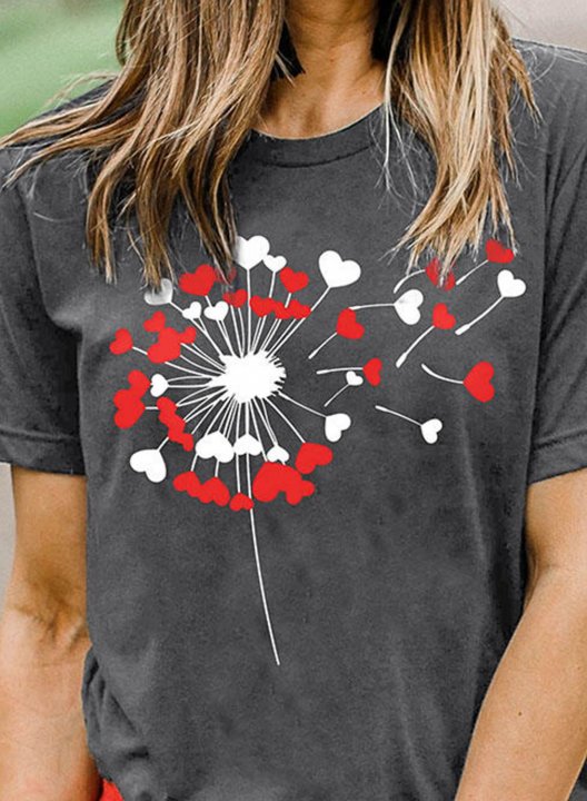 Women's Dandelion Heart Print Cute T-shirts Casual Summer Color Block Round Neck Short Sleeve Daily T-shirts