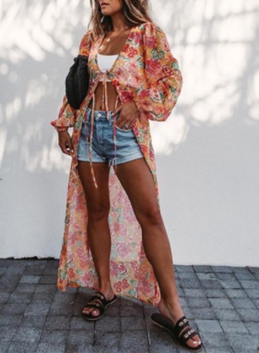 Women's Sun-proof Cover-ups Floral V Neck Long Sleeve Open Front Vacation Knot Boho Beach Casual Cover-ups