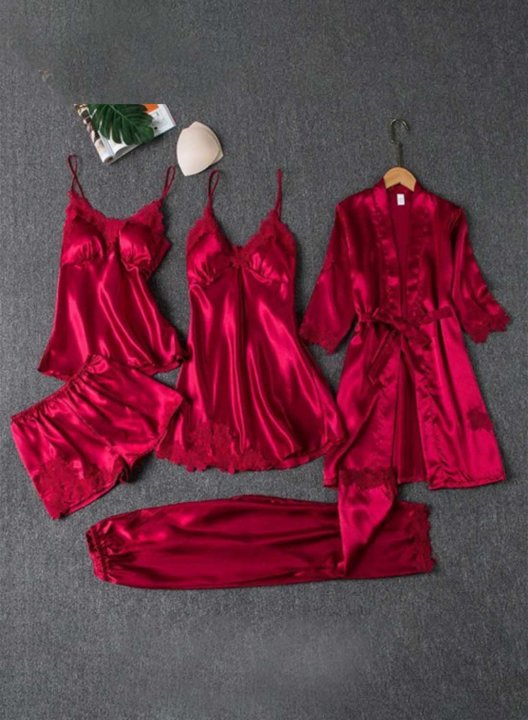 Women's Loungewear Sets Solid Floral Lace 4-Piece Loungewear Set