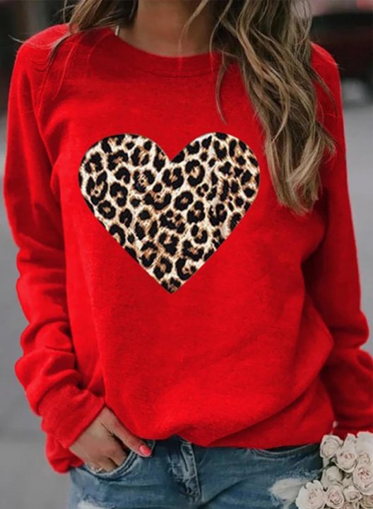 Women's Leopard Heart Sweatshirt Color Block Long Sleeve Round Neck Pullovers