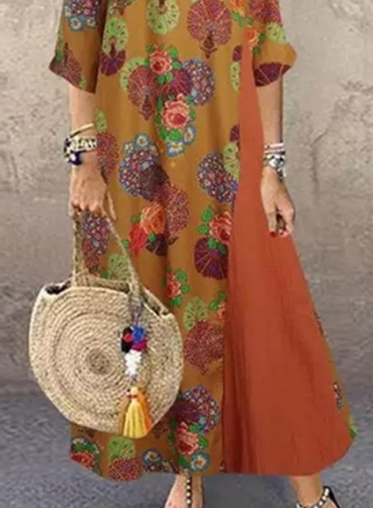 Women's Linen Maxi Dresses Floral Multicolor 3/4 Sleeve Round Neck Boho Vintage Maxi Dress