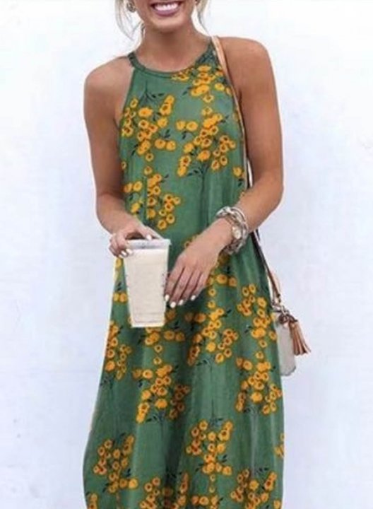 Women's Maxi Dresses Floral Sleeveless A-line V Neck Vacation Beach Boho Maxi Dress