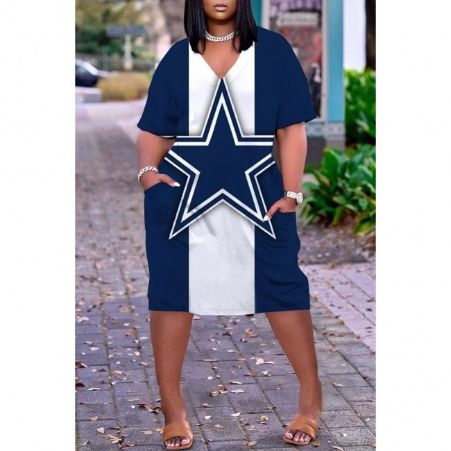 Dallas Cowboys Print Fashion Casual V Neck Short Sleeve Dress