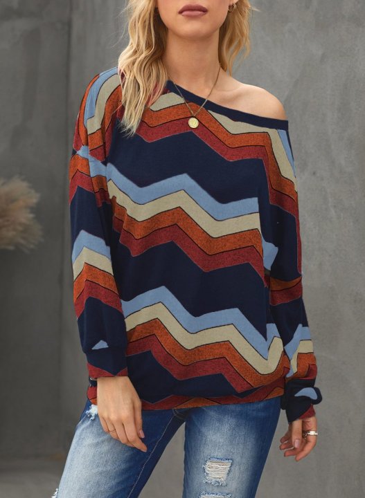 One shoulder Solid Long Sleeve Striped Loose Sweatshirt