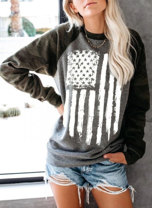 Women's Camo Color Block American Flag Printed Sweatshirt