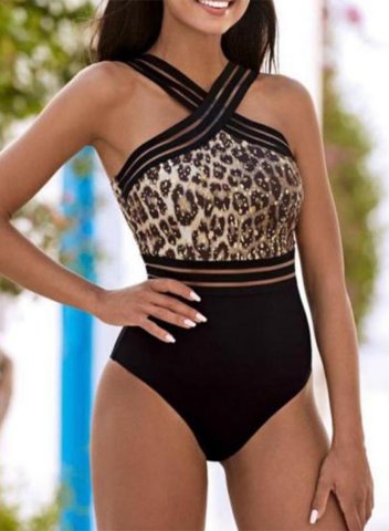 Women's One Piece Swimwear Color Block Leopard Mesh One-shoulder One-Piece Swimsuit