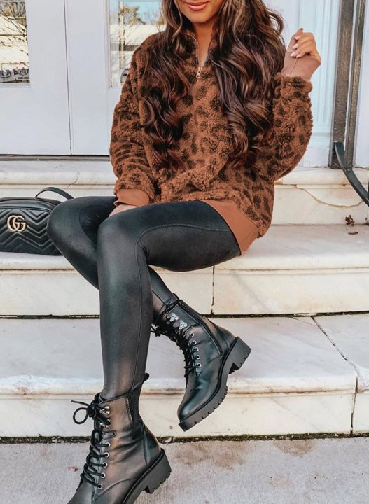 Leopard Long Sleeve High Neck Zip Sweatshirt