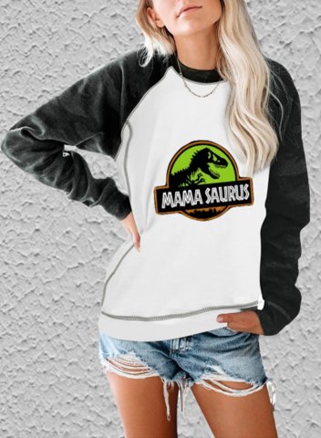 Women's Sweatshirts Mama Saurus Letter Print Long Sleeve Round Neck Casual Raglan Sleeves Color Block Sweatshirt