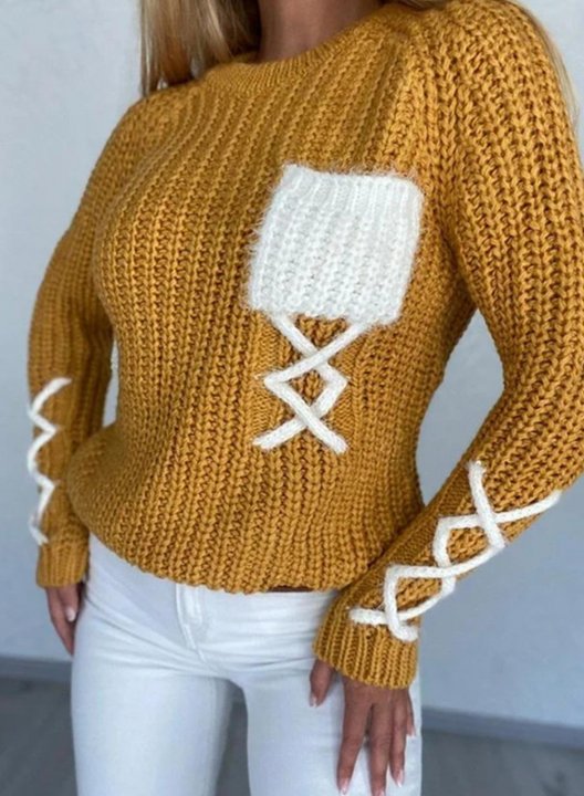 Women's Sweaters Color-block Long Sleeve Round Neck Cross Pocket Sweater