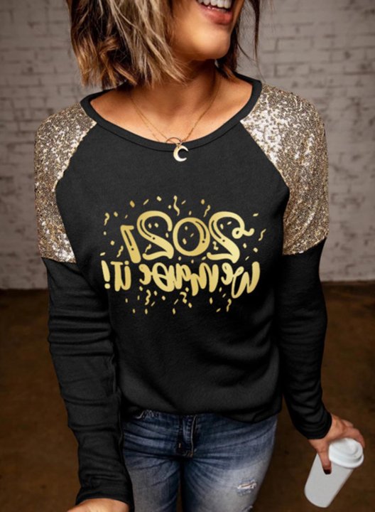 Women's T-shirts Letter Sequin Round Neck Long Sleeve Casual Daily T-shirts