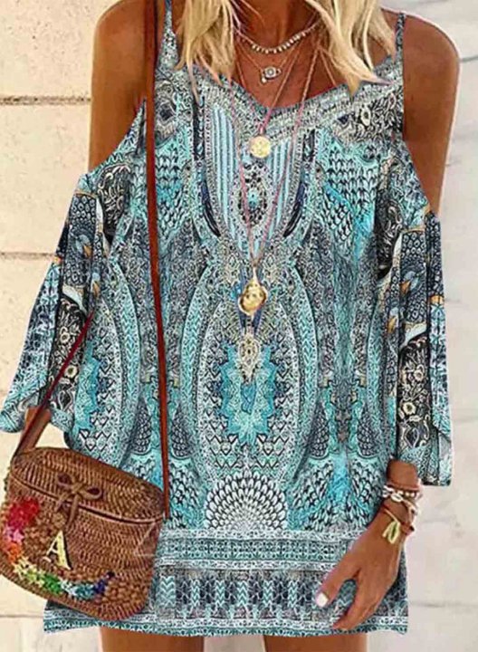 Women's Mini Dresses Tribal Cold Shoulder Spaghetti 3/4 Sleeve Shift Dress