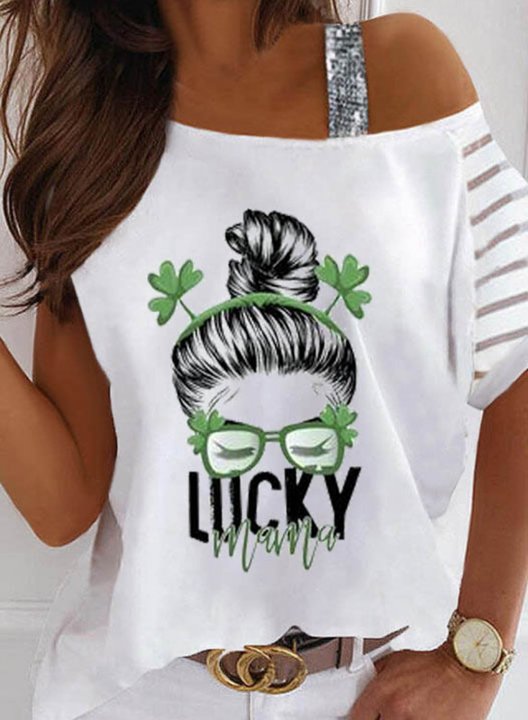 Women's St Patrick's Day Lucky Mama T-shirts Portrait Print Short Sleeve One-shoulder Daily T-shirt