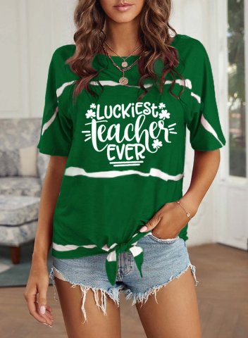 Women's St Patrick's Day T-Shirt Luckiest Teacher Ever Shamrock Print Knot Tee