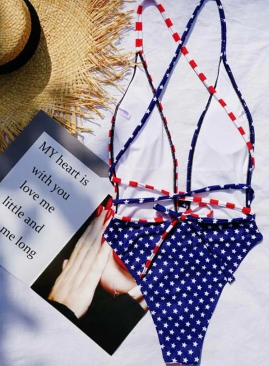Women's One-Piece Swimsuits One-Piece Bathing Suits Knot American Flag 4th Of July V Neck Swimsuits