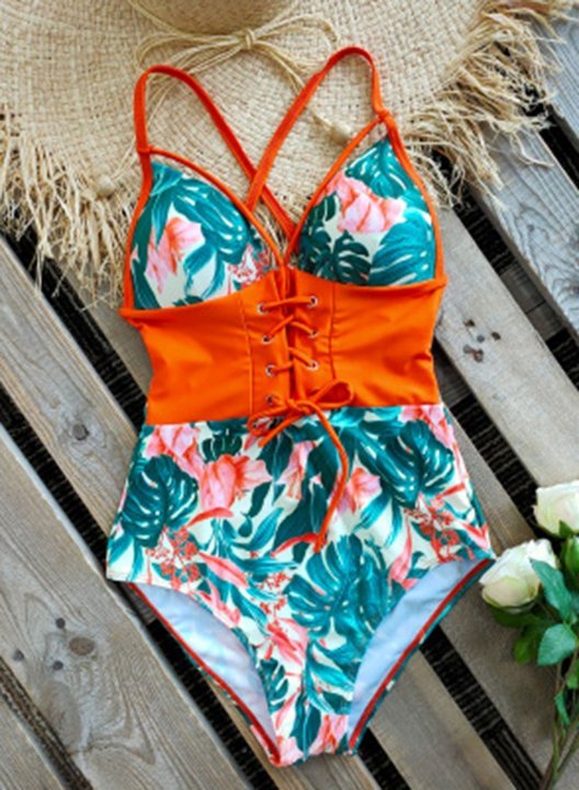 Women's One Piece Swimwear Multicolor Floral Spaghetti Knot One-Piece Swimsuit