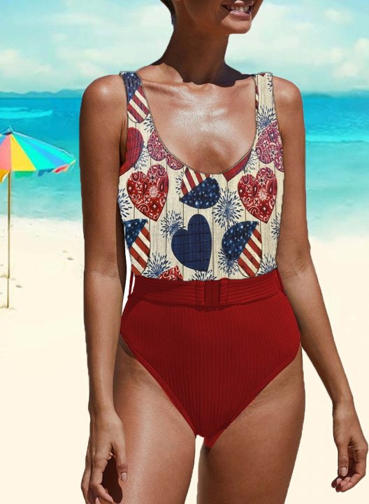 Women's One Piece Swimwear Geometric Color Block American Flag 4th Of July One-Piece Swimsuit