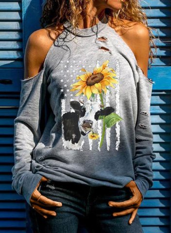 Women's T-shirts Sunflower Cow Flag Cut-out Cold Shoulder T-shirt