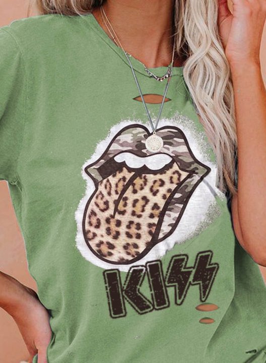 Women's T-shirts Solid Leopard Lip-Print Camouflage Letter Short Sleeve Round Neck Daily Cut-out T-shirt