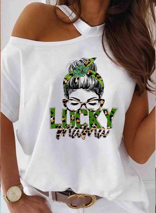 Women's T-shirts Leopard Letter Portrait Print Short Sleeve Halter Asymmetric Daily T-shirt