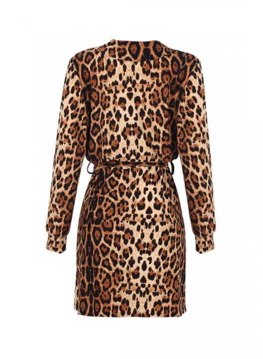 Women's Leopard Mini Dresses Long Sleeve V Neck Knot Casual Mini Dress