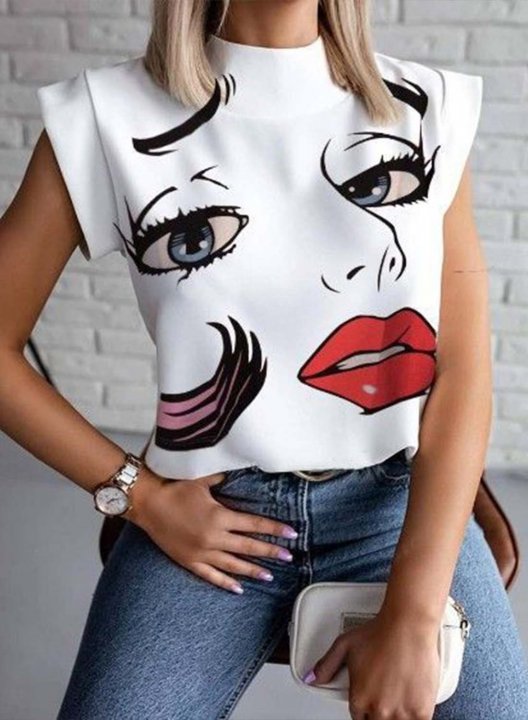 Women's T-shirts Portrait Abstract Color Block High Neck Short Sleeve Daily T-shirts