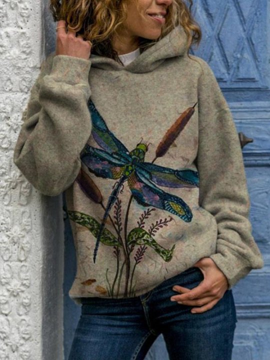 Women's dragonfly print casual Hoodie