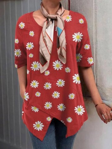 Women's cotton and linen daisy print mid-sleeved round neck shirt