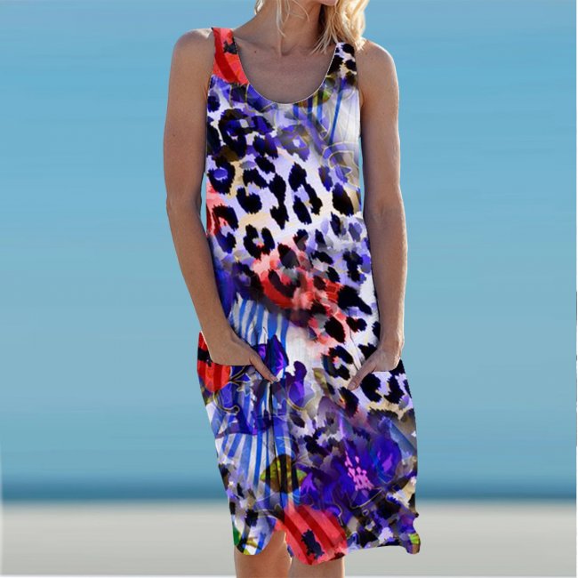 Ocean Leopard Print Holiday Casual Round Neck Sleeveless Dress Vest