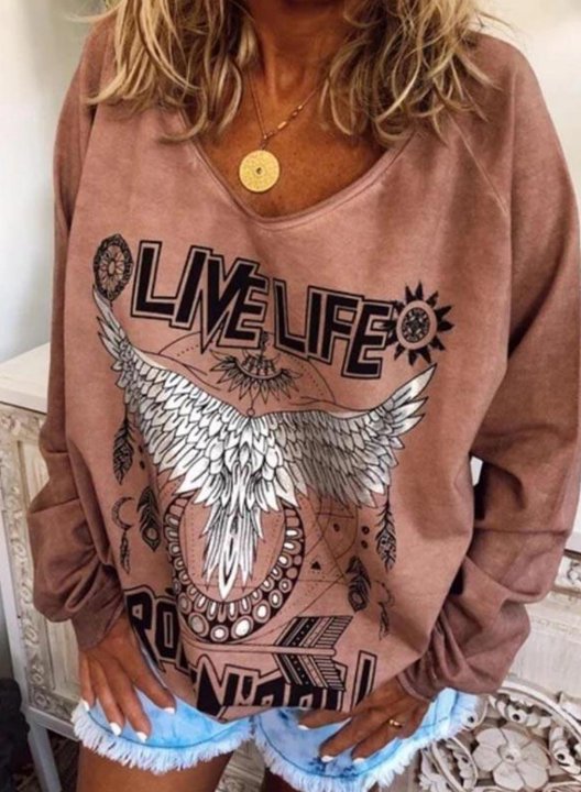 Solid Round Neck Long Sleeve Letter Print Sweatshirt