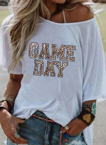 Women's T-shirts Solid Leopard Letter Game Day Short Sleeve Round Neck Daily T-shirt