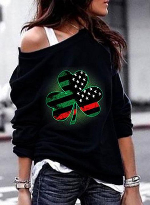 Women's Sweatshirt Shamrock American Flag Solid Cold Shoulder Long Sleeve Daily Sweatshirt