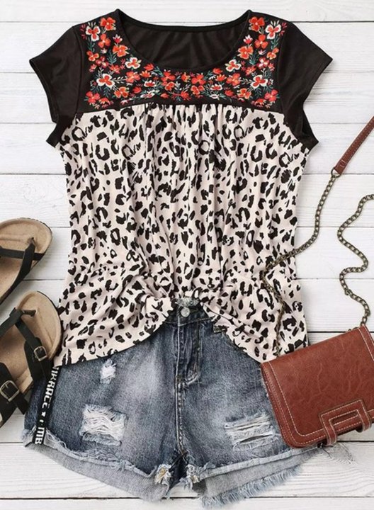 Women's T-shirts Floral Leopard Ruffle Round Neck Sleeveless Daily T-shirts