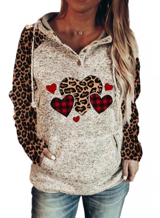 Women's Hoodies Drawstring Long Sleeve Button Leopard Love-shaped Casual Hoodies With Pockets