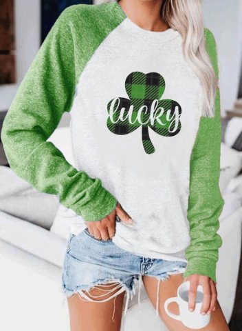 Women's St.Patrick's Day T-shirts Shamrock Lucky Letter Color Block Print Long Sleeve Round Neck Daily T-shirt