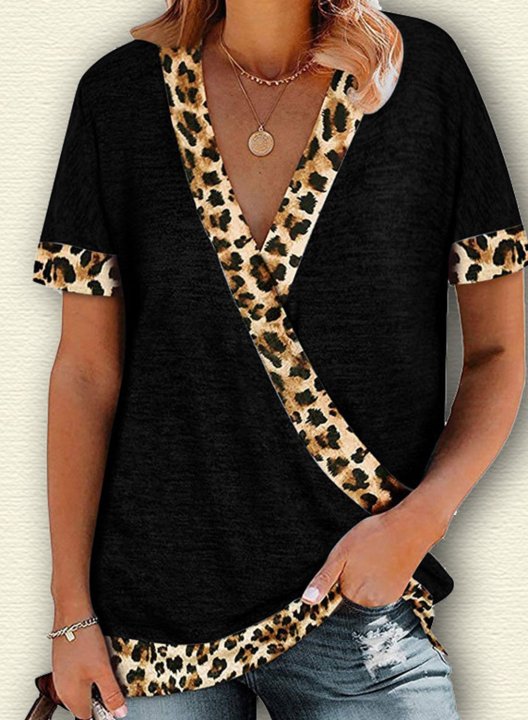 Women's T-shirts Leopard Color Block Print Short Sleeve V Neck Daily T-shirt