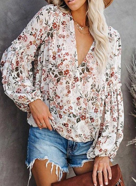 Women's Shirts Floral Multicolor V Neck Long Sleeve Criss Cross Daily Boho Shirts