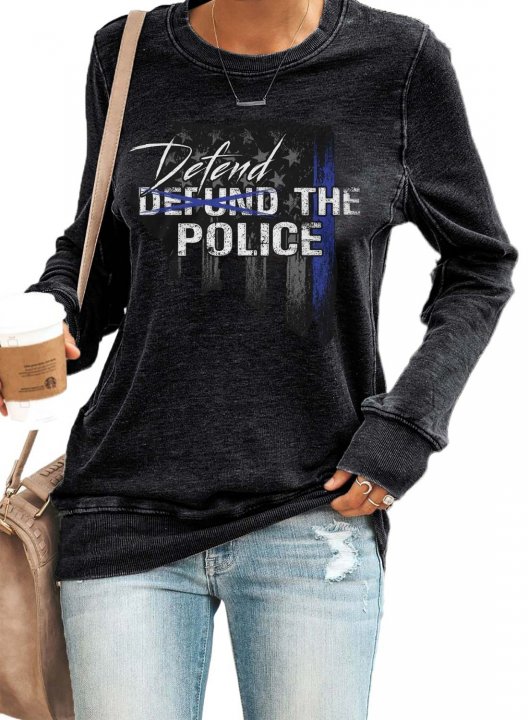 Solid Long Sleeve Round Neck Letter Sweatshirt