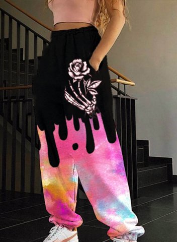 Women's Joggers Color Block Floral Straight Mid Waist Full Length Pocket Casual Joggers