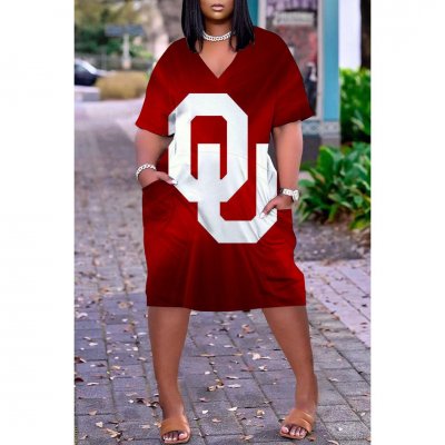 NCAAF Women's Oklahoma Sooners Printed V-neck Casual Pocket Dress