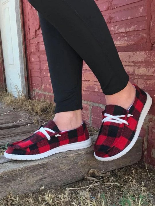 Women's Buffalo Plaid Slip Sneakers Lace Up Round Toe Flat Shoes