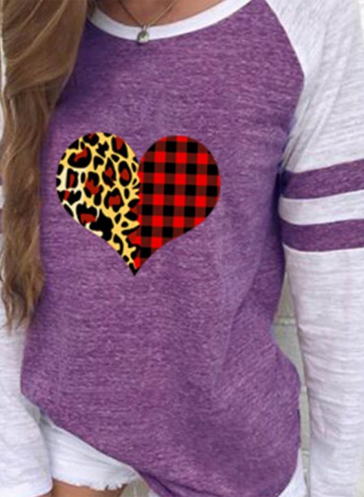 Women's T-shirts Striped Leopard Color Block Heart-shaped Print Long Sleeve Round Neck Daily T-shirt