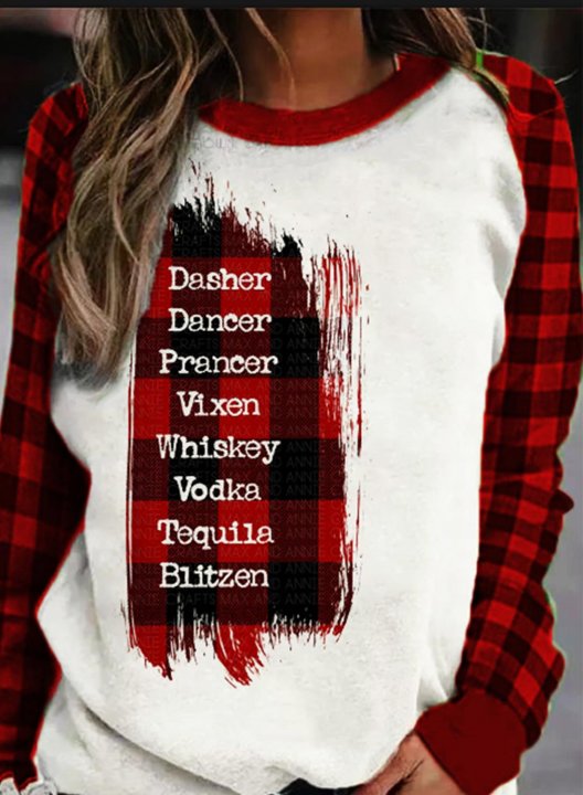 Women's Dasher Dancer Prancer Reindeer Alcohol Sweatshirt Plaid Letter Color Block Print Long Sleeve Round Neck Sweatshirt